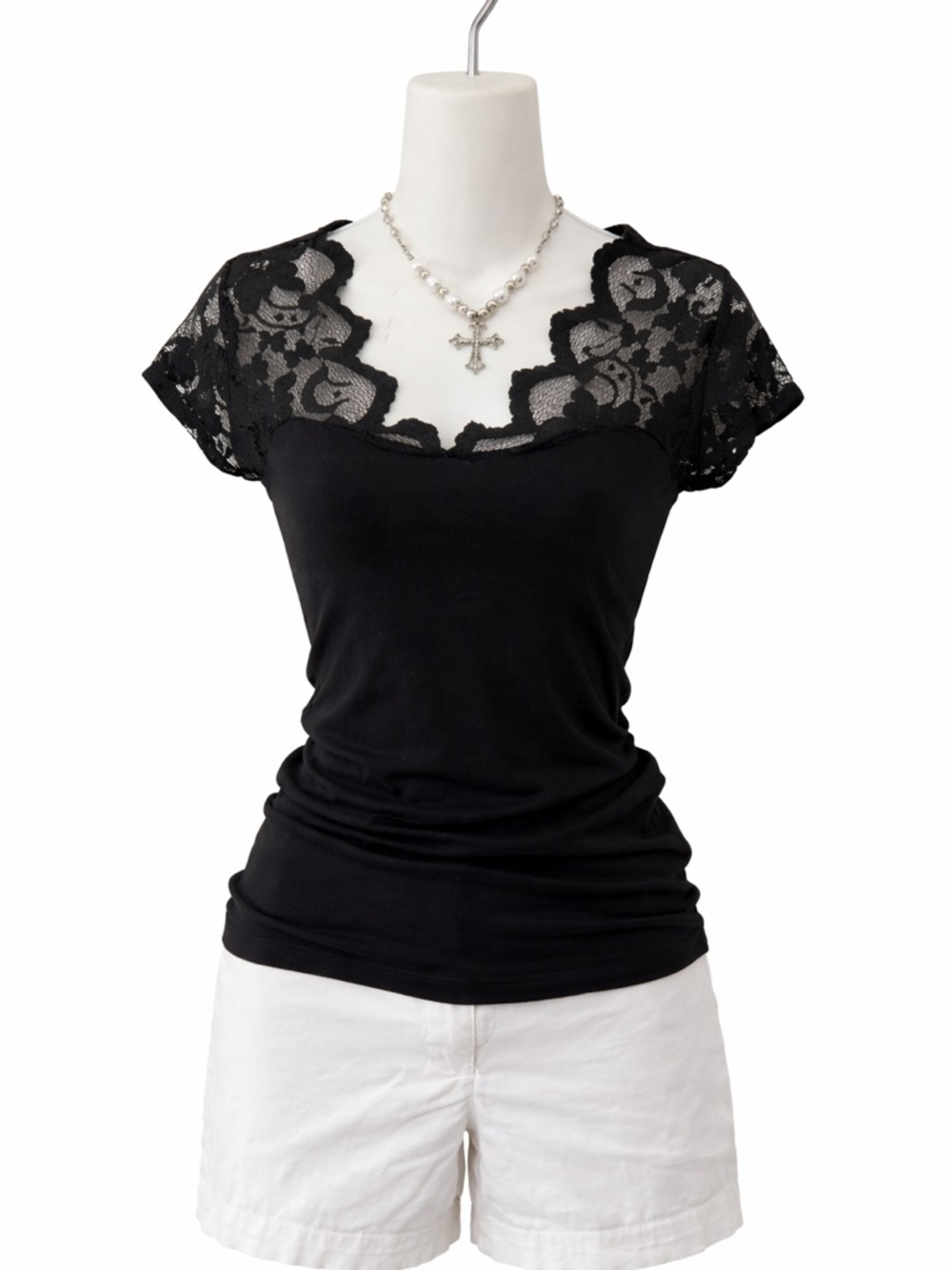 Black Lace Trim Fitted Top Cap Sleeve Sheer Floral Detail Small